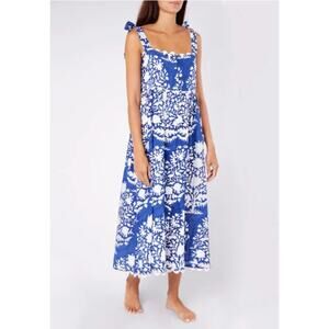 Juliet Dunn Tuckernuck Palladio Blue Sash Bow Back Midi Block Print Dress L